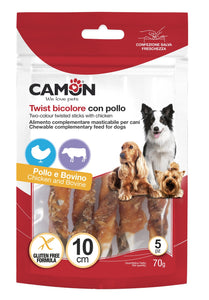 Camon - Alimento per cani - Twist bicolore con pollo e pelle di bovino 70gr 5pz