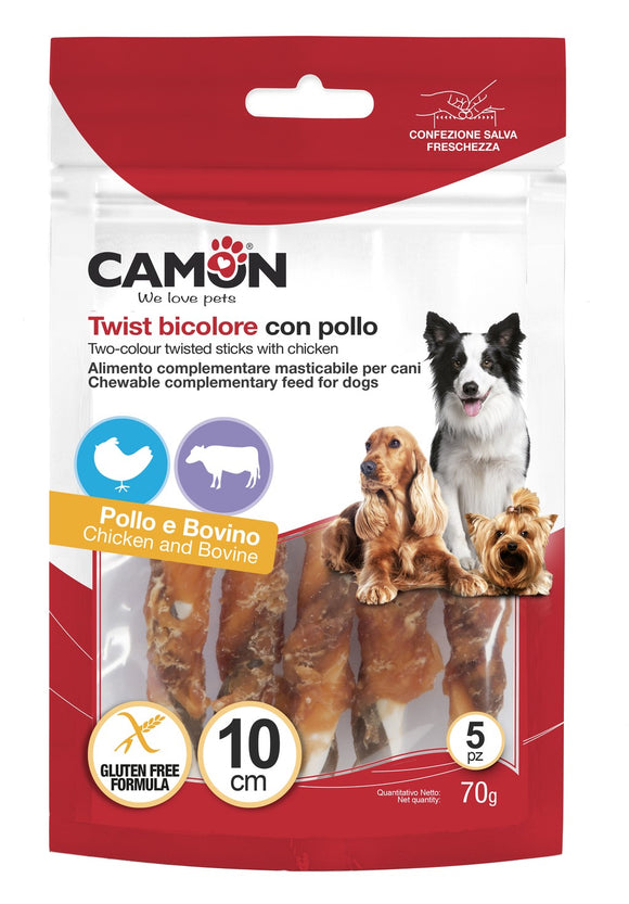 Camon - Alimento per cani - Twist bicolore con pollo e pelle di bovino 70gr 5pz