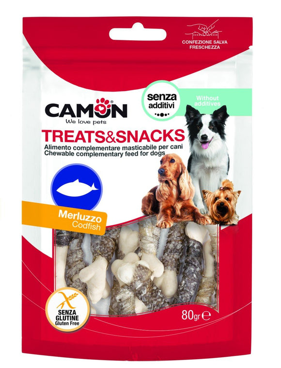 Camon - Articolo per cani - Snack a forma di osso rivestito in pelle di pesce 80gr