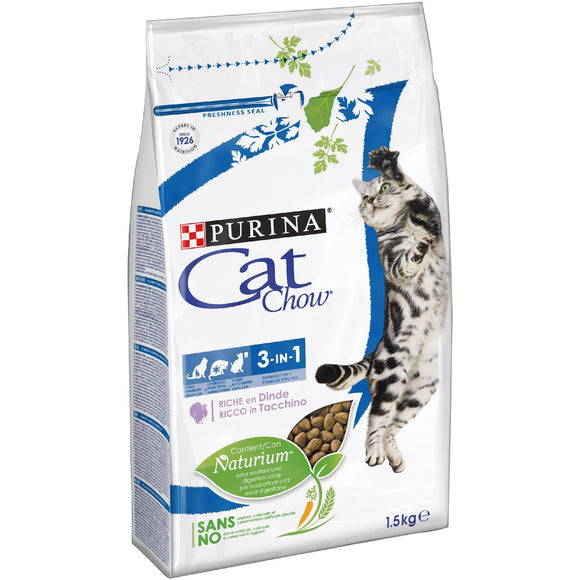 Purina - Alimento per gatti - CAT CHOW 3 IN 1 Crocchette ricco in Tacchino 1,5kg