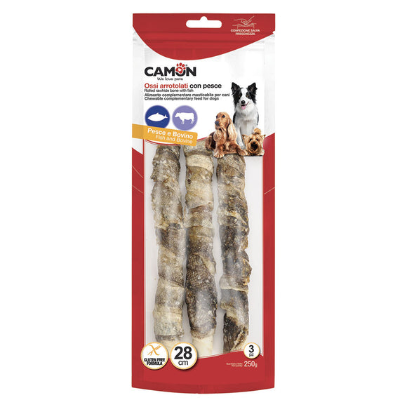 Camon - Alimento per cani - Ossi arrotolati di pelle bovina con pesce 250gr