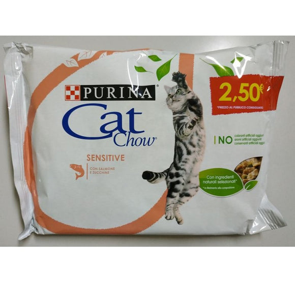 Purina - Alimento per gatti - CAT CHOW Sensitive con salmone e zucchine 4x85gr
