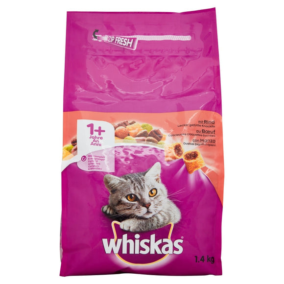 Whiskas - Alimento per gatti - Cibo secco per gatto adulto 1+ MANZO 1,4kg